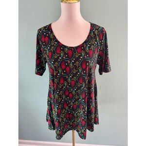 Women's LuLaRoe Perfect T Top Size S Black Red Floral Print